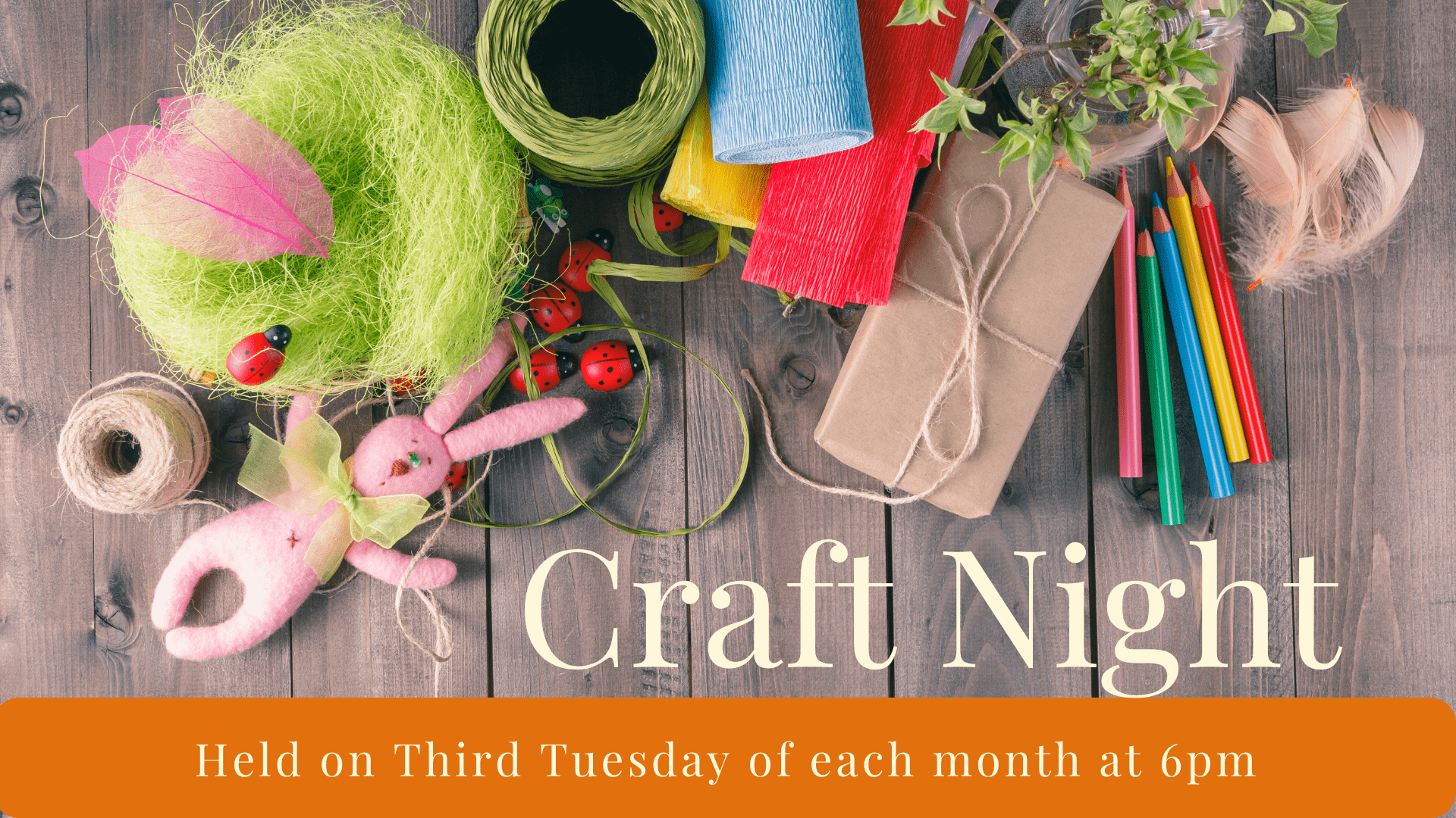 A table full of arts and crafts supplies with Lettering that says Craft NIght