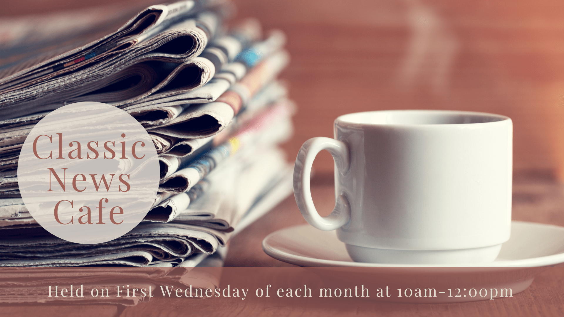 A mug of hot coffee sitting on a table next to a pile of newspapers. The lettering Classic news cafe is next to the coffee.