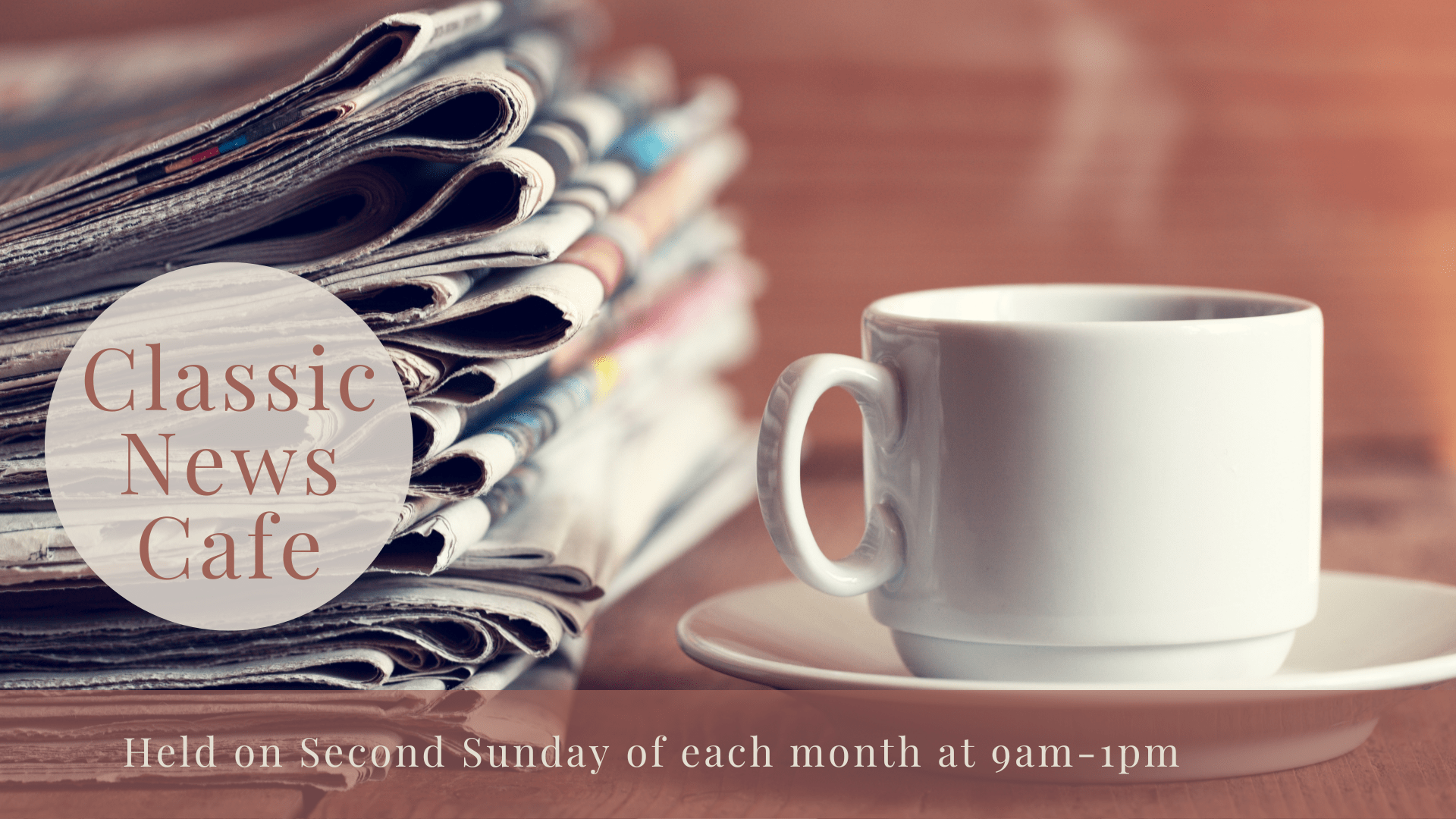 A white mug of hot coffee, sitting next to a stack of newspapers with lettering that states the Classic News Cafe