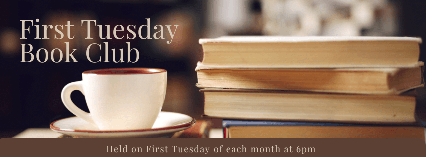 A stack of books sitting next to a cup of coffee. The lettering say First Tuesday book club
