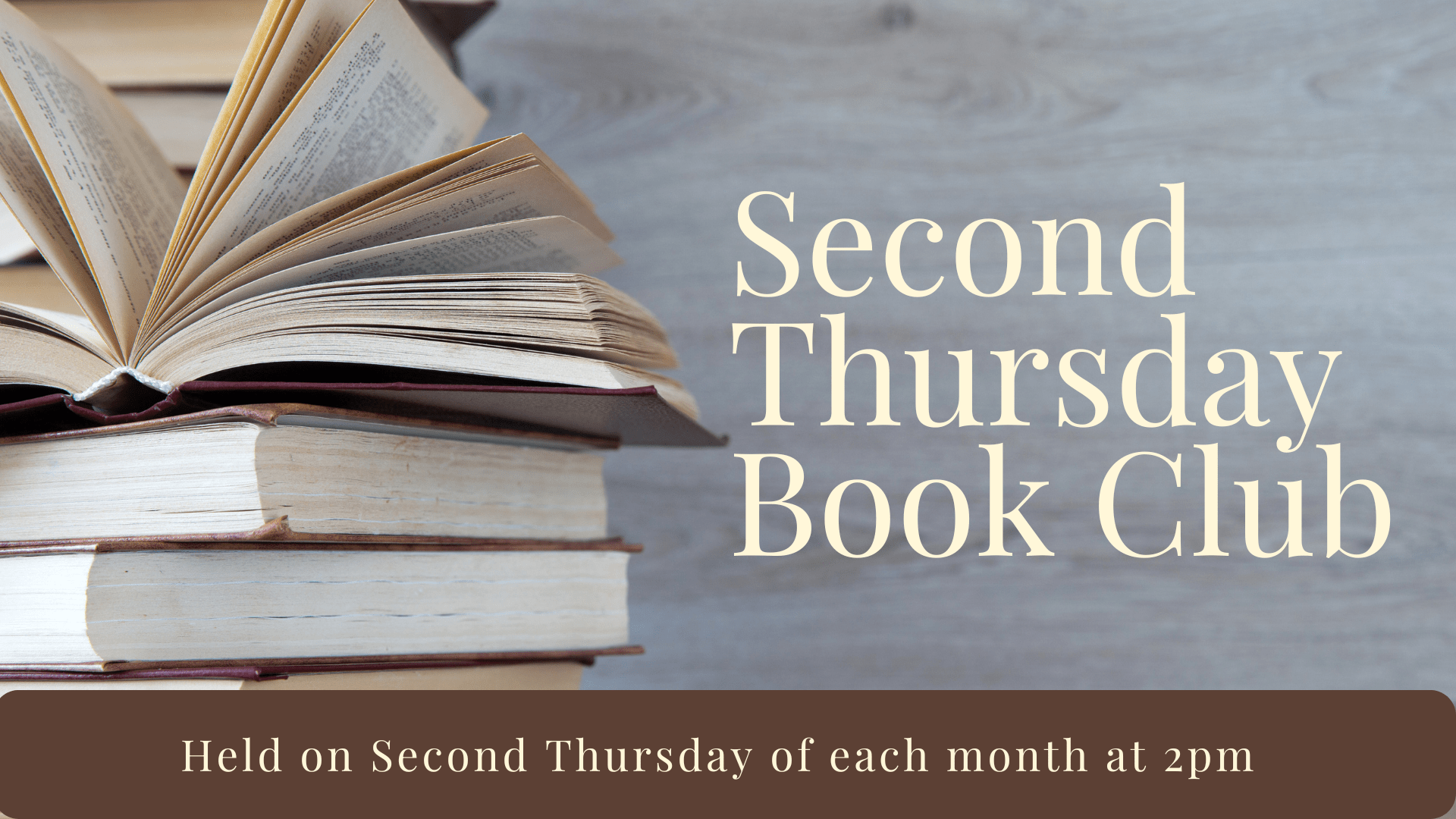lettering that says the second Thursday book club next to a stack of books
