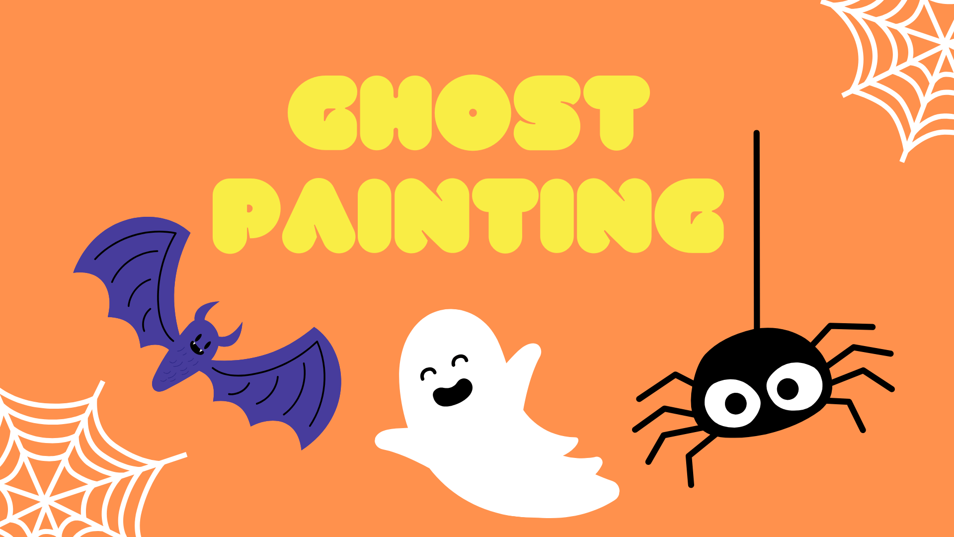 Cartoon style image of ghost, bat and a spider with the letter that reads Ghost Painting