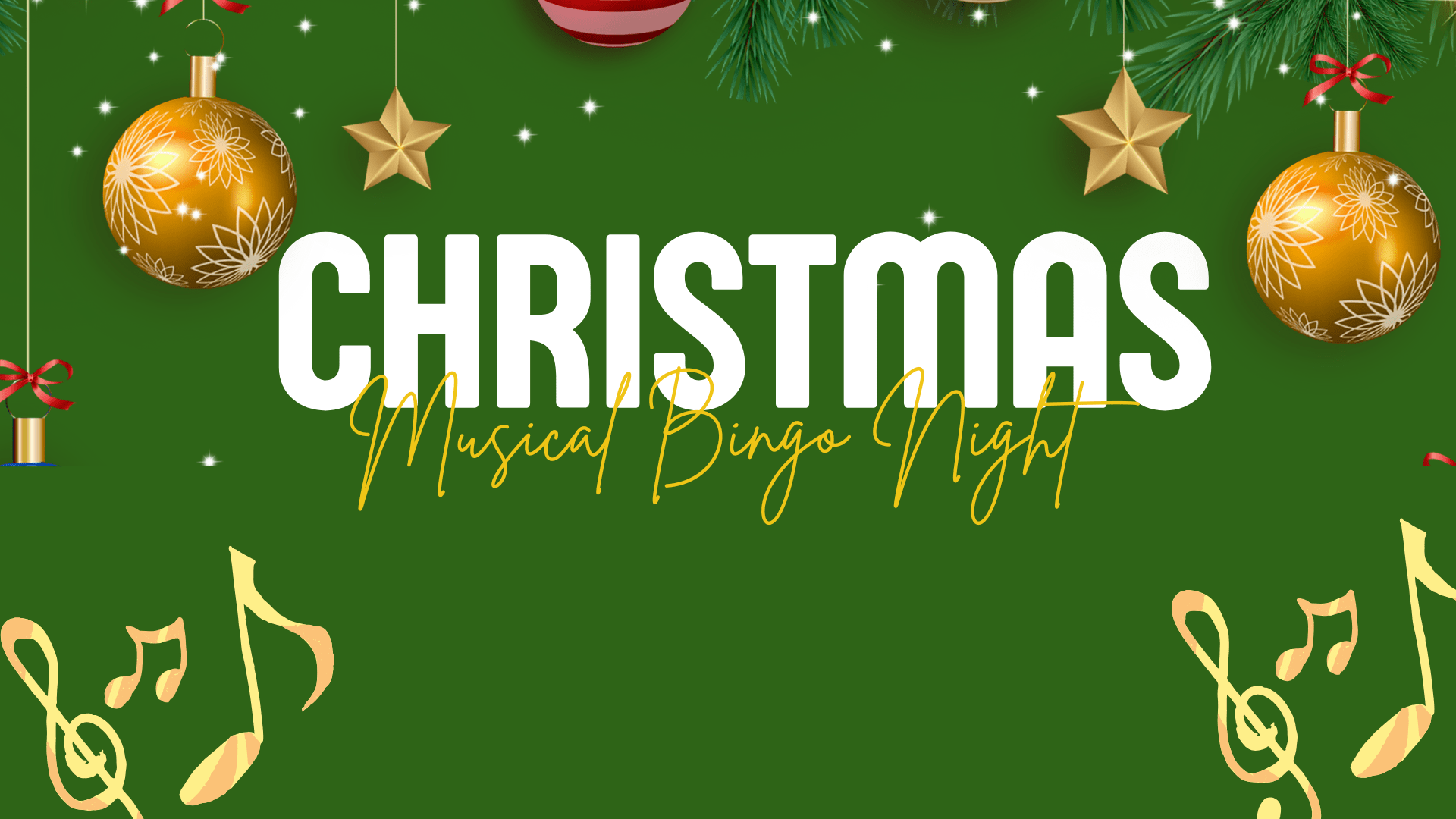Christmas Musical Bingo flyer with the wording that says that and holiday decor and gold music notes