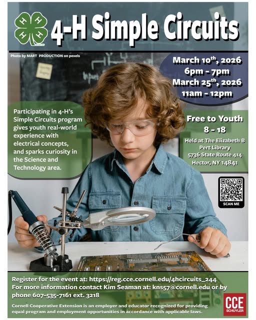 Flyer for the 4H Simple Circuits event giving event details with a picture of a youth working on a circuit board