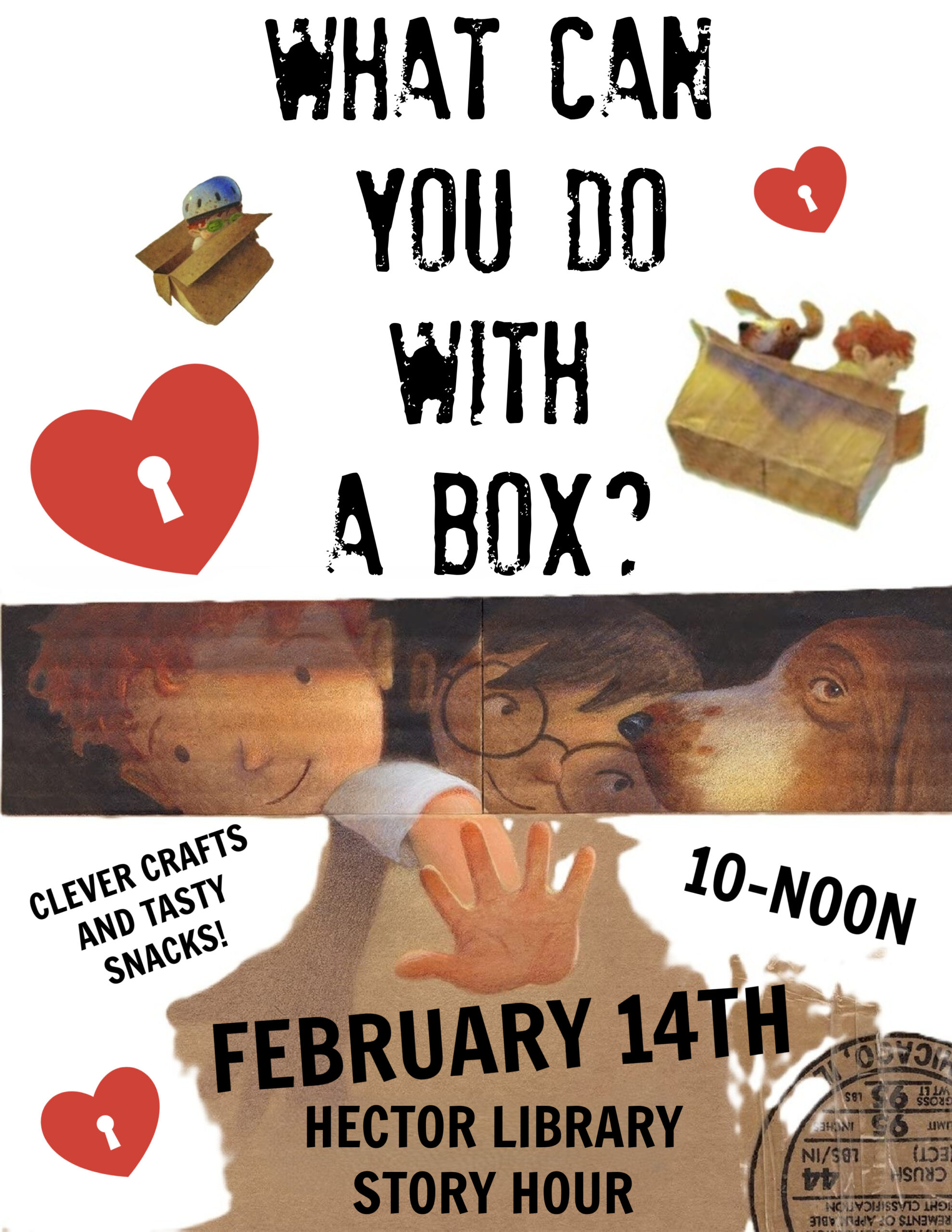 A flyer for the next storytime in the library What Do you do with a Box